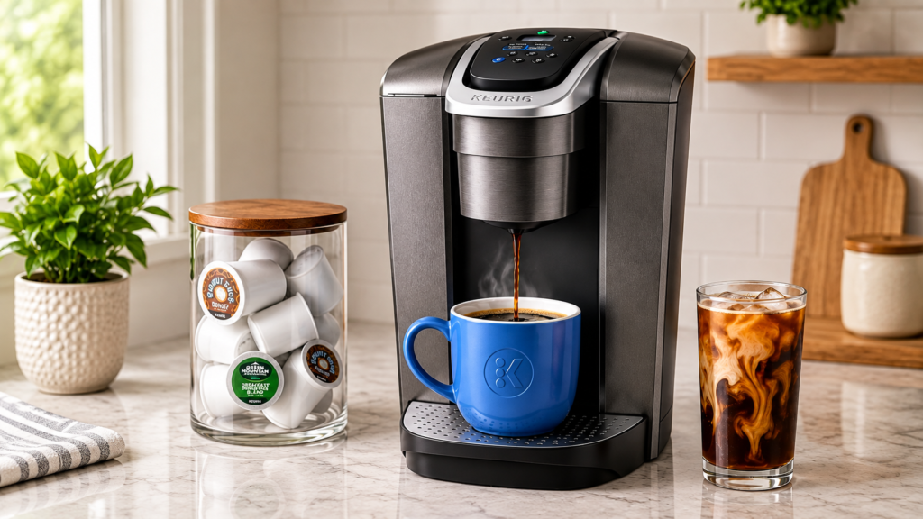 Keurig K-Elite single serve coffee maker brewing coffee