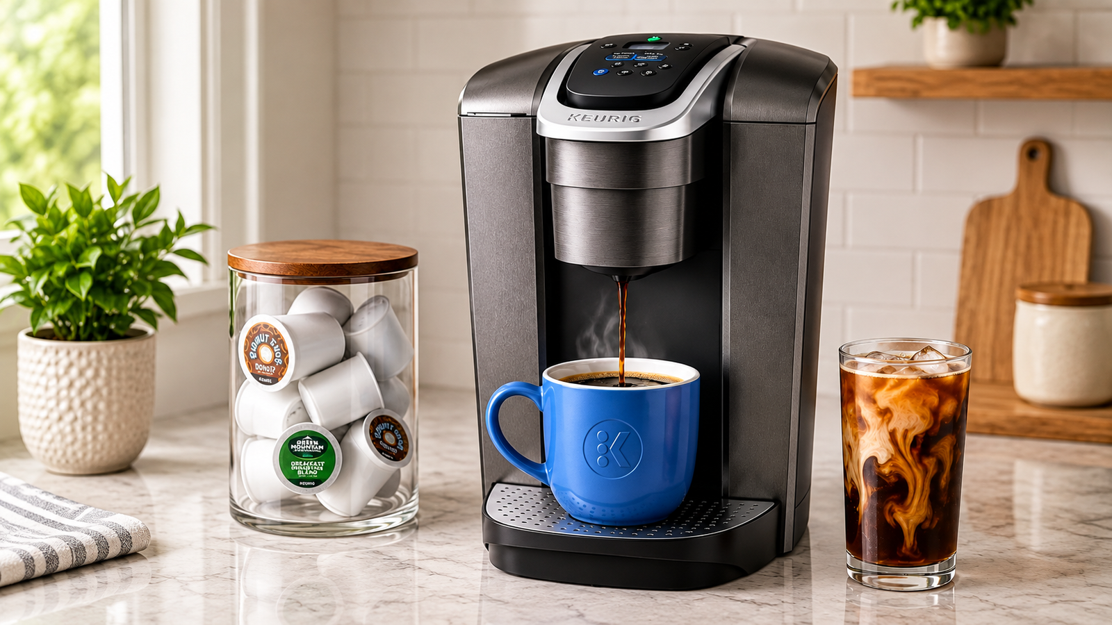 Keurig K-Elite single serve coffee maker brewing coffee