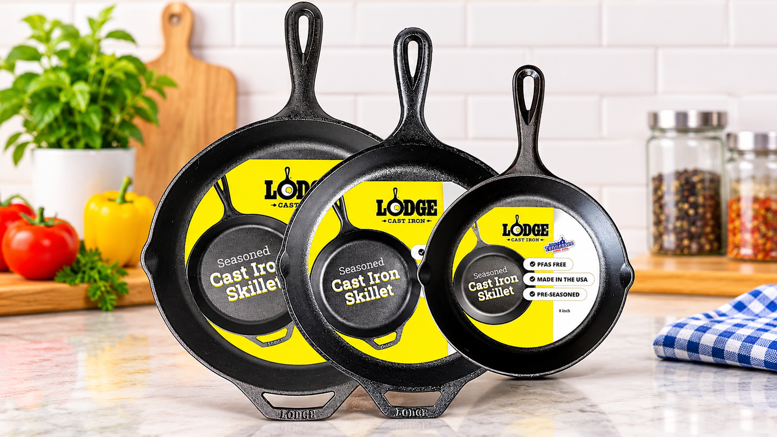 Three black Lodge cast iron skillets in small, medium, and large sizes on a wooden kitchen counter