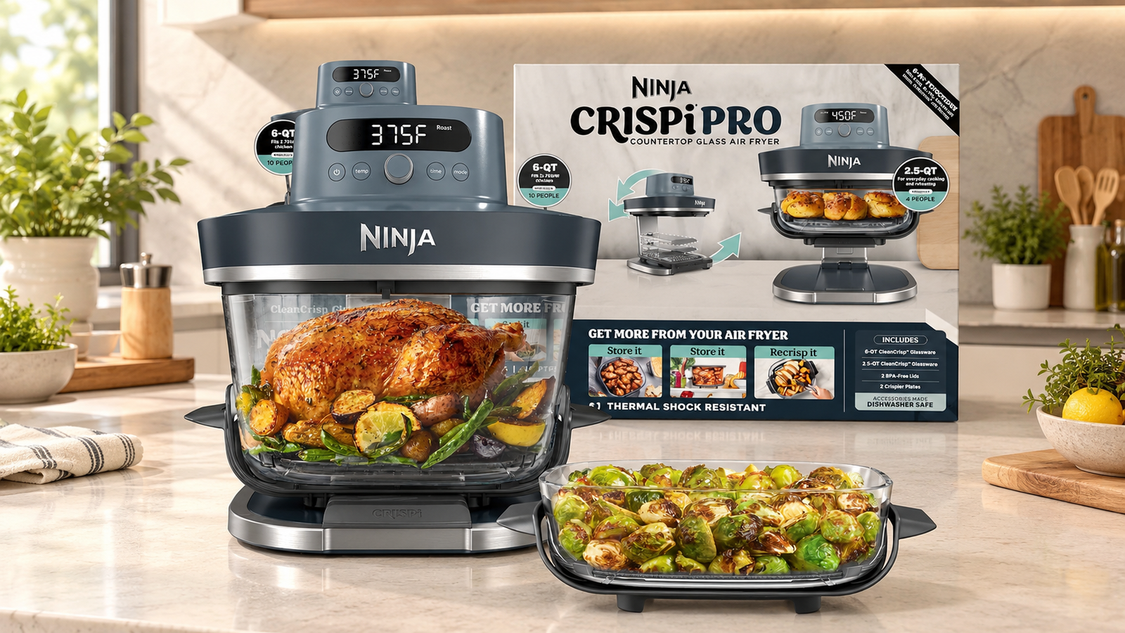 Ninja Crispi Pro countertop glass air fryer with 6-qt glassware and a roasted chicken