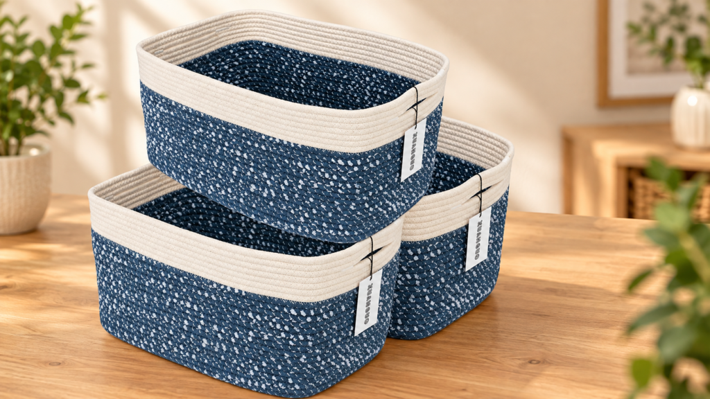 Three XUANGUO blue and white woven cotton rope storage baskets on a wooden table