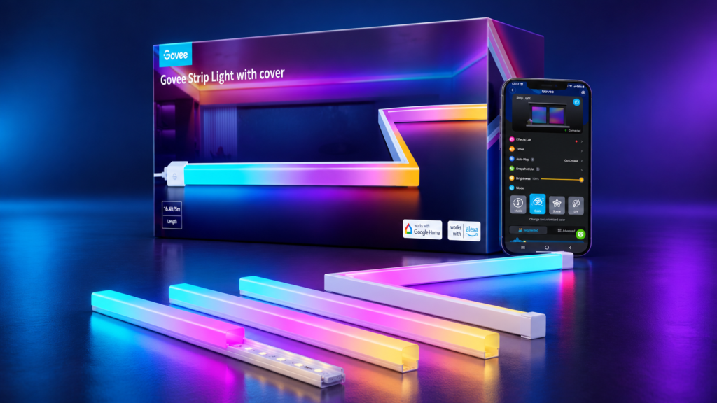Govee RGBIC LED strip light with covers, retail box, and the Govee Home app on a phone