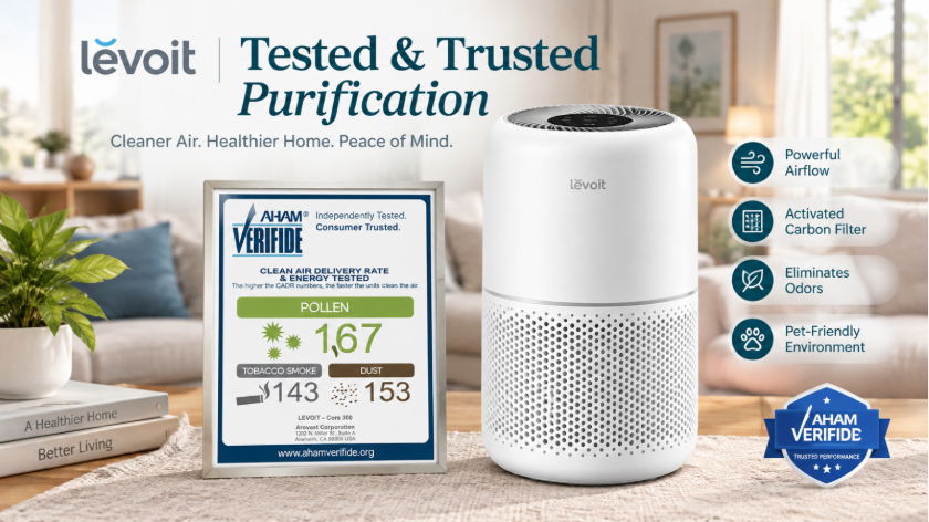 Levoit Core 300 air purifier 2 pack in white, compact cylinder design for bedrooms and small rooms